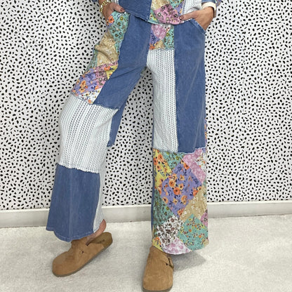 Vintage Floral Lace Patchwork Loose Wide-leg Linen Blend Pants artswardrobe