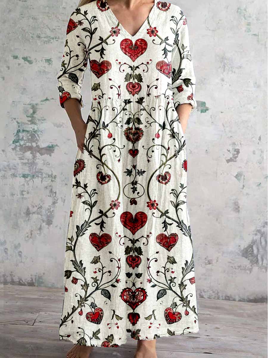 Women's V-Neck Love Floral Print Pattern Cotton And Linen Dress