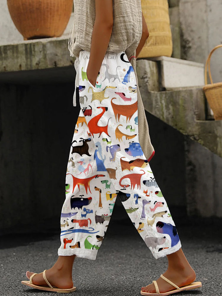 Comstylish Cute Puppy Art Women's Linen Pants