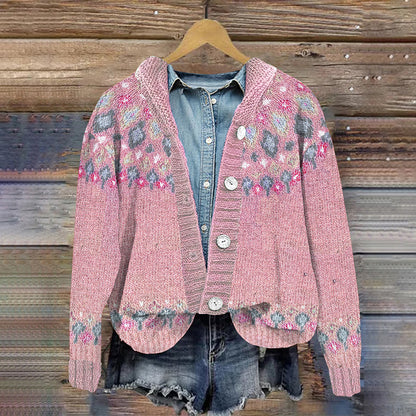 Retro Geometric Contrast Button Hooded Cardigan elevenforest