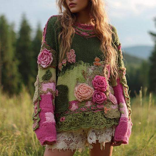 Vintage Roses Embroidered Colorblock Cozy Knitted Sweater artswardrobe