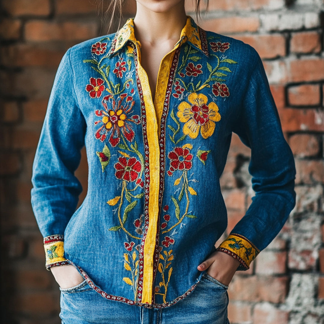 Comstylish Vintage Ukrainian Folk Floral Embroidered Long Sleeve Shirt