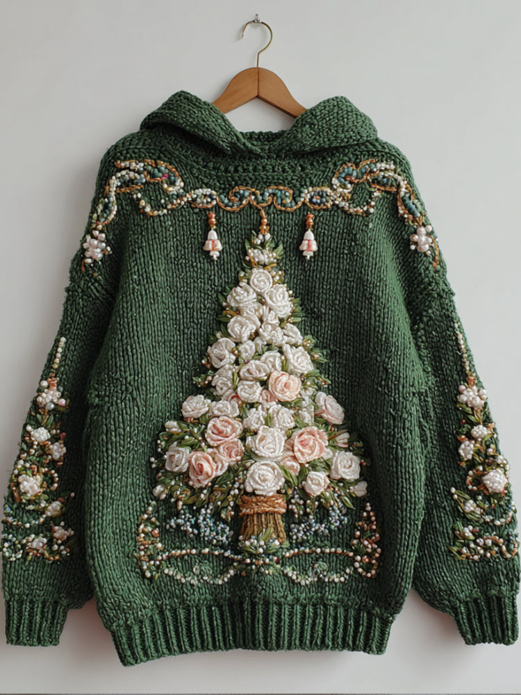 Rose Christmas Tree Vintage Green Hooded Sweater artswardrobe