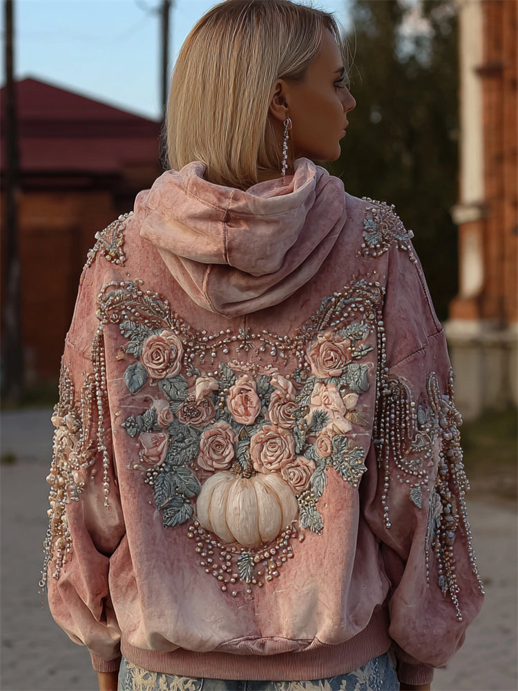 Comstylish Vintage Thanksgiving Pink Pumpkin Floral Beaded Comfy Hoodie