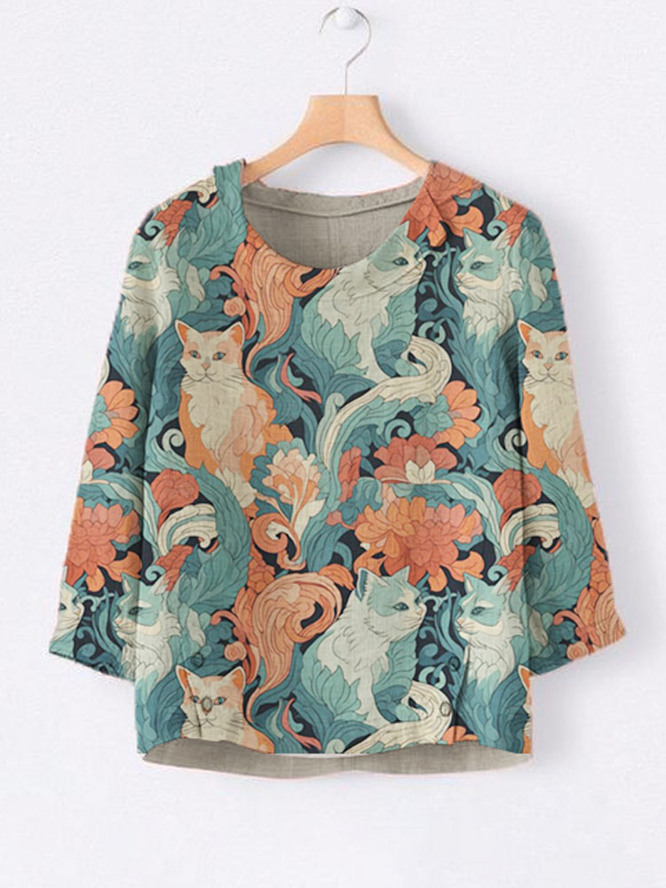 Japanese Art Cat Print Collar Linen Shirt elevenforest