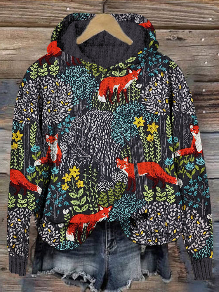 Fox in the Forest Graphic Vintage Cozy Knit Hoodie artswardrobe