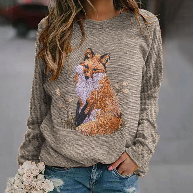 Fox Embroidery Print Crew Neck Sweatshirt artswardrobe