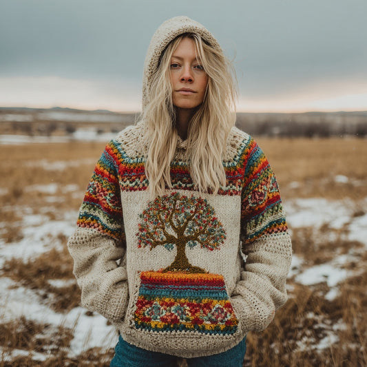 Vintage Tree Of Life Boho Colorful Cozy Hooded Sweater artswardrobe