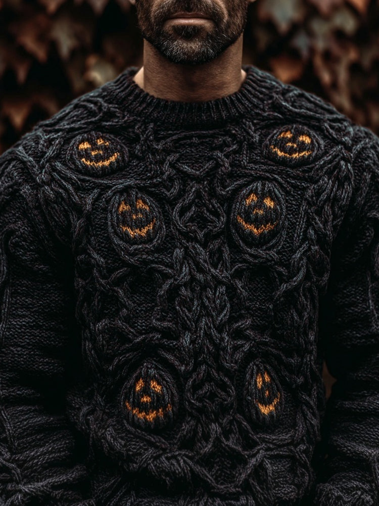 Men's Spooky Pumpkin Face Halloween Chunky Cozy Sweater elevenforest