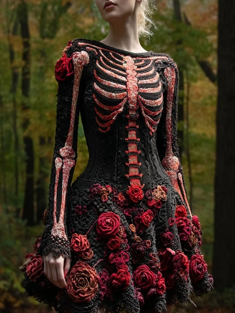 Vintage Skeleton Roses Crochet Art Sweater Dress artswardrobe