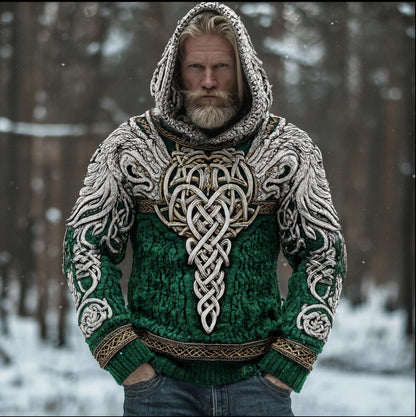 Men's Hooded Thick Sweater With Viking Style Tribal Totem And Wolf Totem Patterns elevenforest