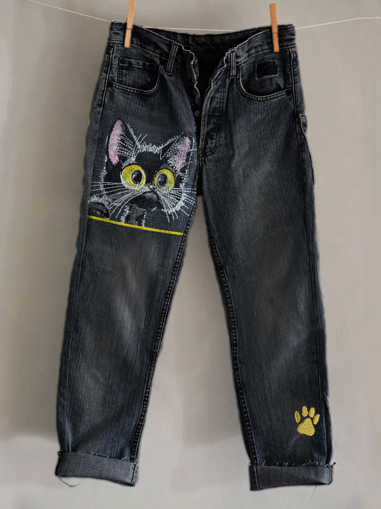 Comstylish Lovely Black Cat Paw Print Embroidered Washed Jeans