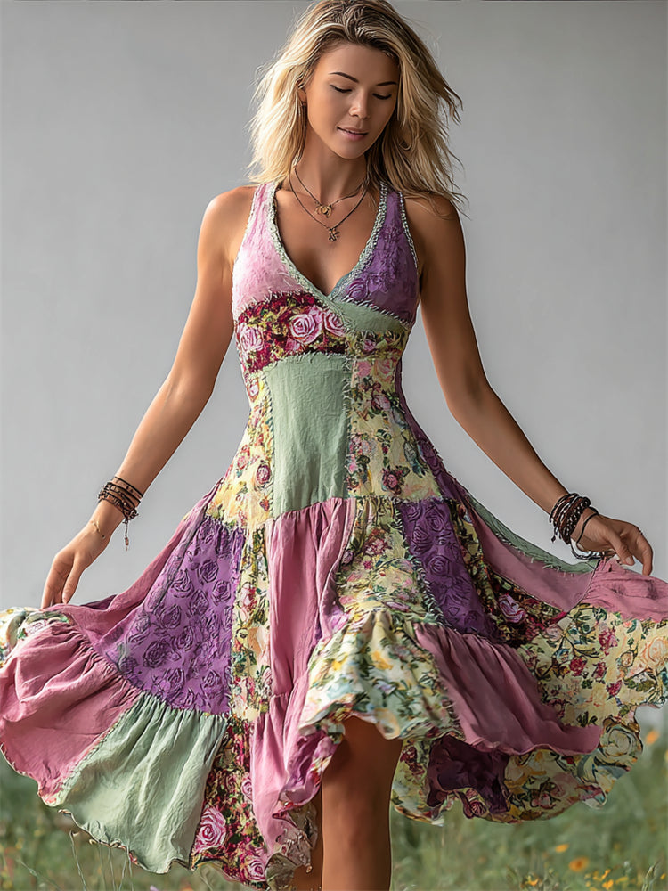 Vintage Cottage Floral Patchwork Flowy Linen Dress artswardrobe