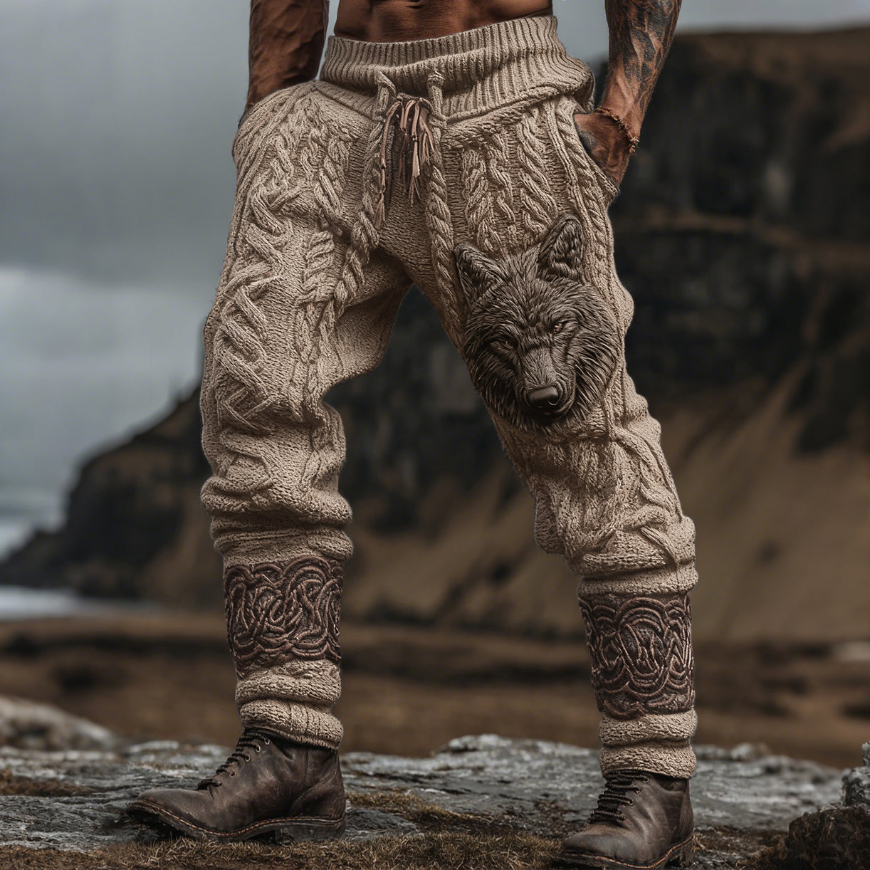 Men's Vintage Viking Wolf Celtic Knot Cozy Chunky Knit Sweatpants artswardrobe