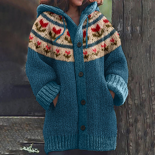 Vintage Tulip Floral Pattern Icelandic Knit Cozy Cardigan Sweater elevenforest