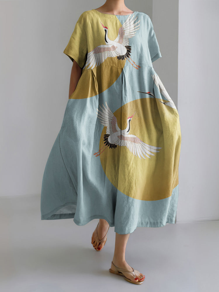 Japanese Art Crane Print Short Sleeve Midi Dress
