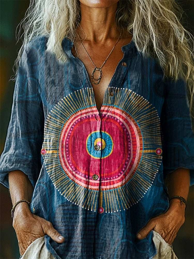 Women's Irregular Round Clashing Color Pattern Art Print Linen Cotton