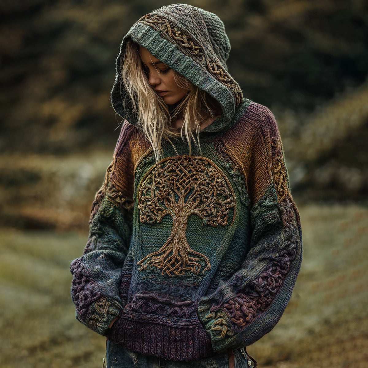 Viking Boho Life Of Tree Gradient Art Chunky Knitted Cozy Hooded Sweater artswardrobe