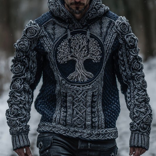 Men's Viking Tribal Jacquard Celtic With Rose And Tree Of Life Inspired Chunky Knit Hooded Sweater elevenforest