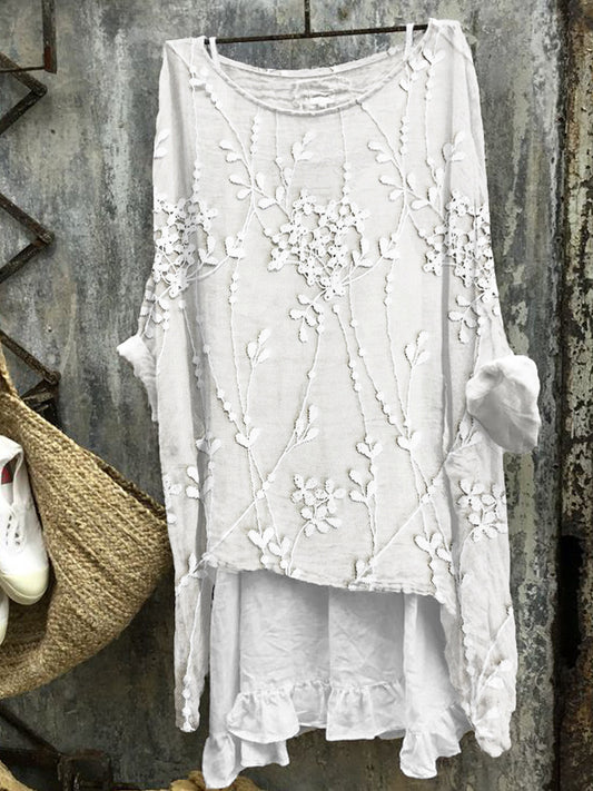 Comstylish Classy Floral Lace Embroidered Oversize Linen Blend Tunic