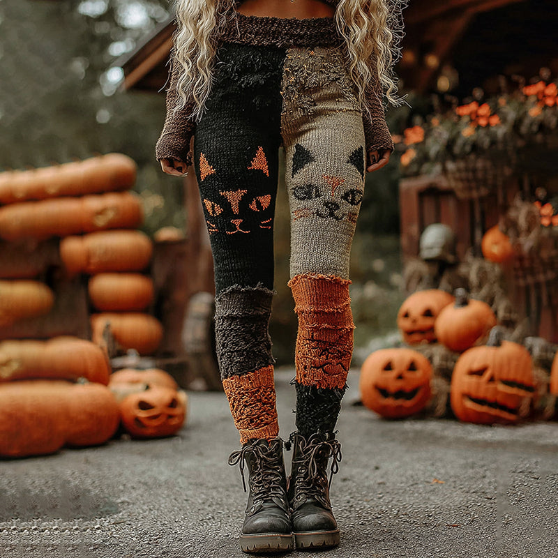 Comstylish Vintage Patchwork Halloween Pumpkin Face Art Stitched Cozy Knit Leggings