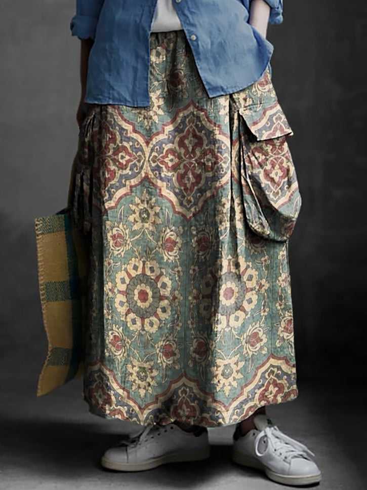 Women's Bohemian Vintage Floral Art Print Casual Cotton and Linen Pock