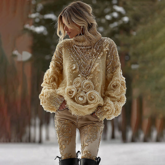 Women's Vintage Yellow Rose Art Knit Cozy High Neck Sweater elevenforest