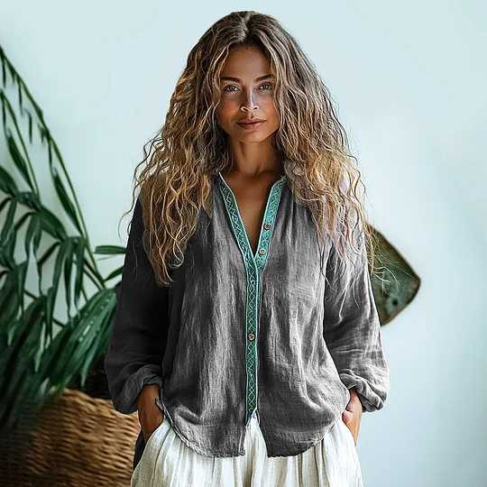 Comstylish Bohemian Style Linen Print Long Sleeve Shirt