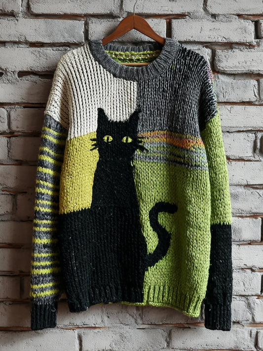 Halloween Black Cat Colorblock Cozy Knitted Sweater elevenforest
