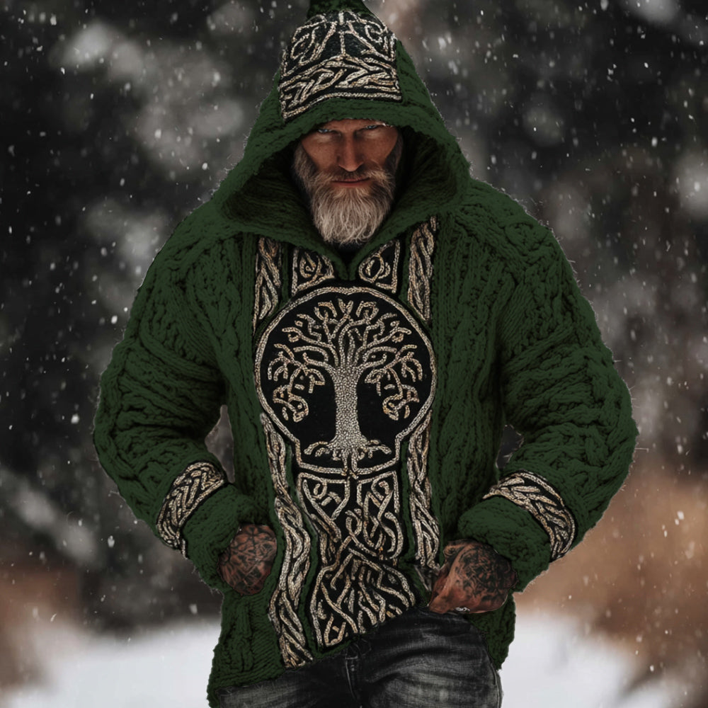 Men's Viking Style Tree Of Life White Thick Needle Hooded Sweater artswardrobe