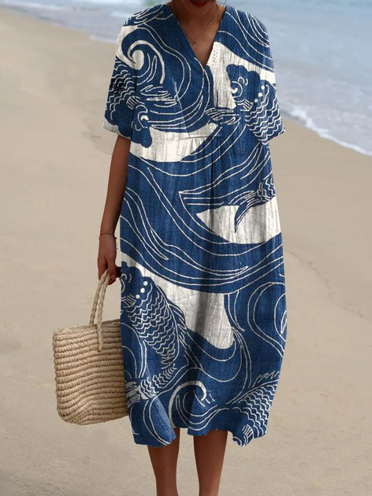 Women's Vintage Fish Art Print V-Neck Midi Dress