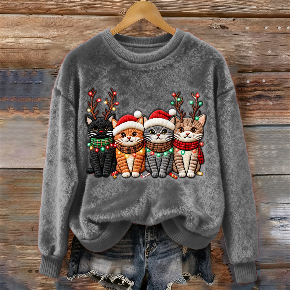 Comstylish Christmas Lights Cat Women's Cozy Plush Sweater