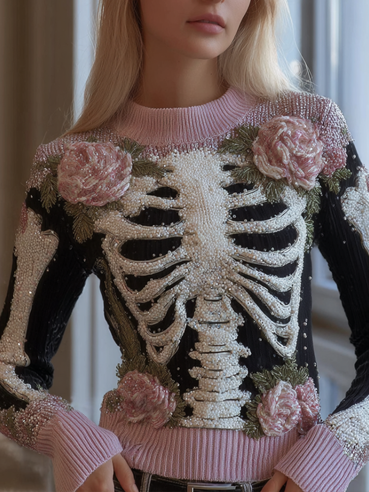 Halloween Skeleton And Plant Flower Pattern Combined Design Women's Knitted Sweater artswardrobe
