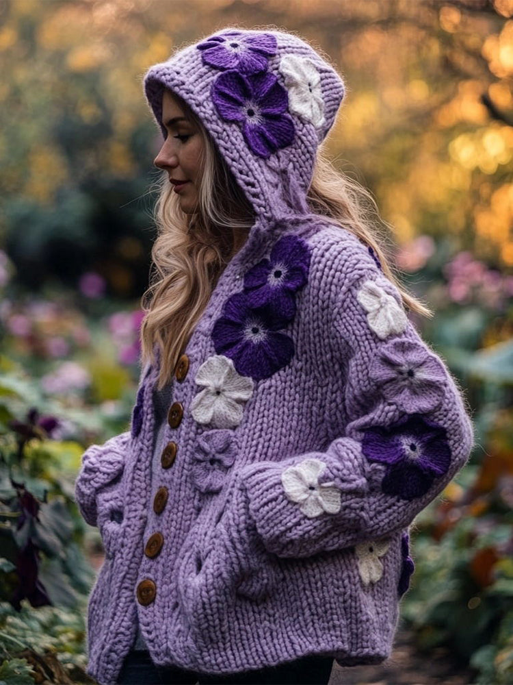 Women's Purple Floral Crochet Art Cozy Chunky Knit Hooded Cardigan artswardrobe