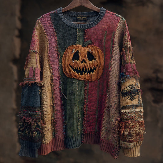 Halloween Spooky Pumpkin Face Embroidered Patchwork Knitted Sweater elevenforest