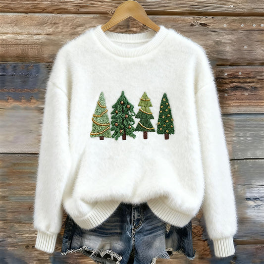 Women's Christmas Tree Embroidery Cozy Plush Sweater