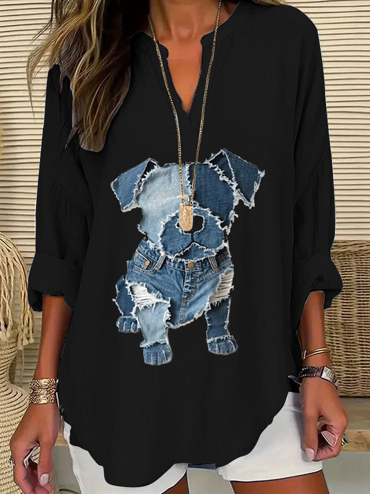 Women's Casual Funny Denim Dog Print T-shirt artswardrobe