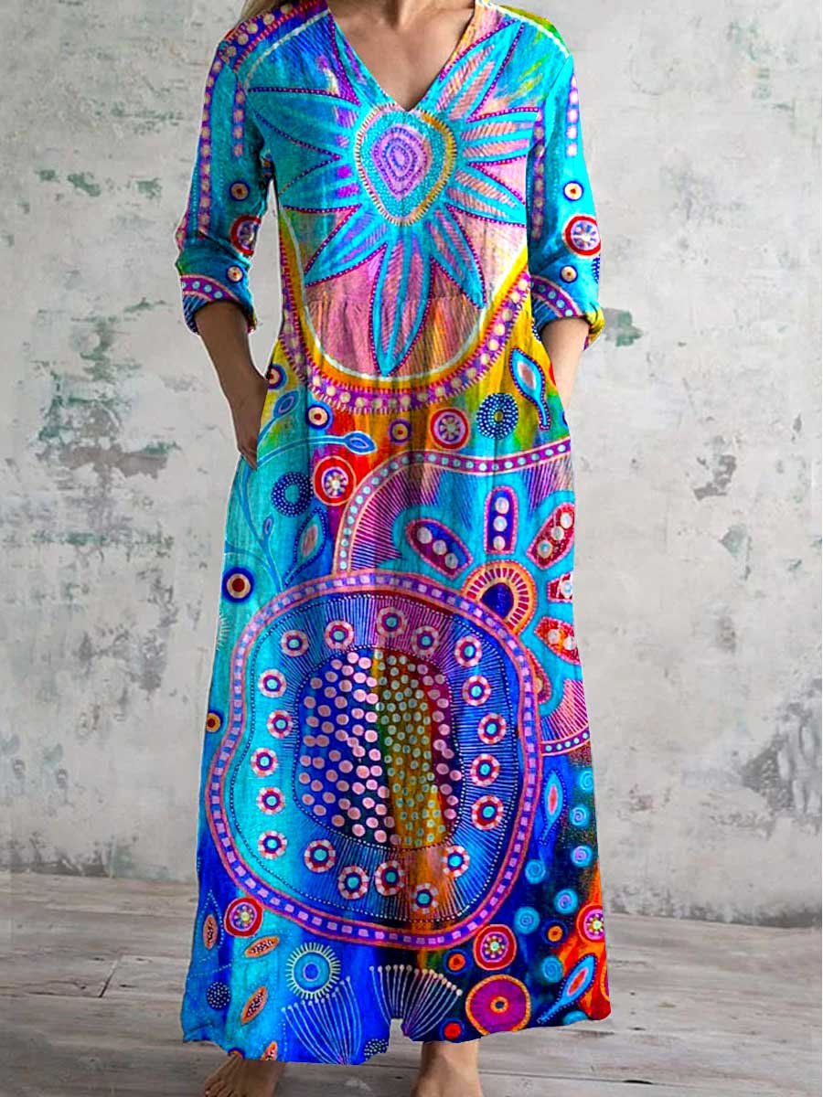 Women's V-Neck Colorful Bohemian Geometric Pattern Cotton And Linen Dr