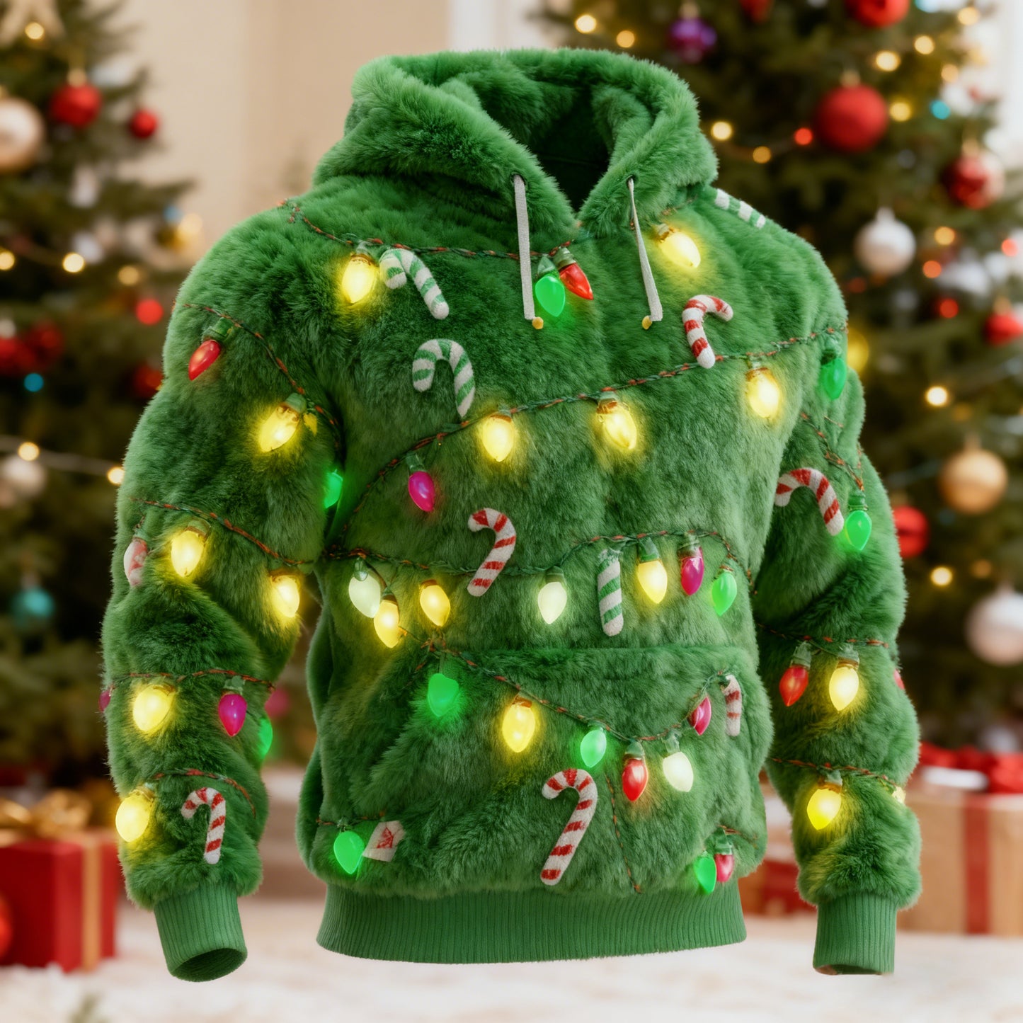 Comstylish Men's Ugly Christmas Lights Pattern Flannel Hoodie