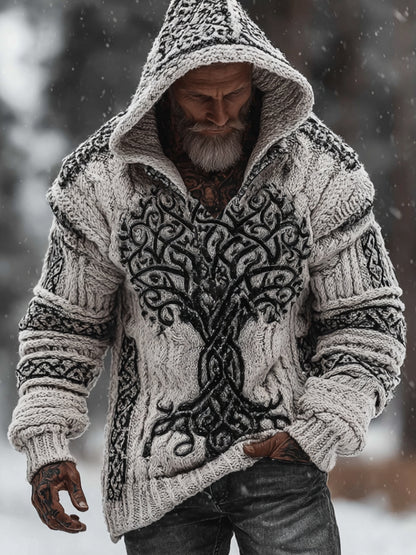 Men's Viking Style Flowering Tree Of Life Warm Thick Needle Hooded Sweater artswardrobe