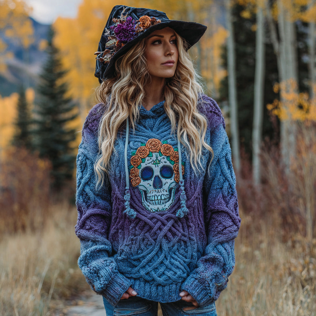 Women's Vintage Viking Tribal Jacquard Celtic With Rose And Skull Inspired Chunky Knit Hooded Sweater elevenforest