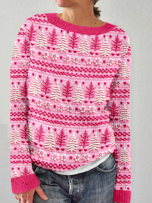 Pink Christmas Tree Embroidery Cozy Knit Sweater elevenforest