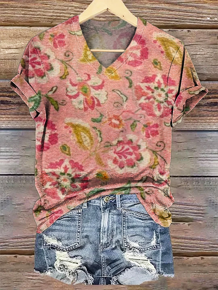 Women's Floral Art Print V-Neck Casual T-Shirt