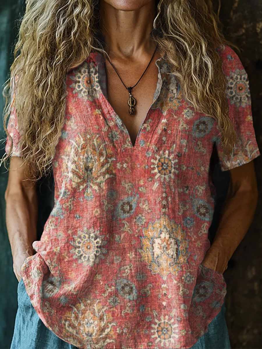 Women's Retro Totem Art Patterns Print Casual Short Sleeve Cotton Shir