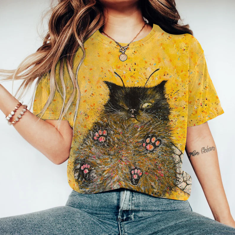 Comstylish Women's Abstract Creative Cute Black Cat Bee Art Print T-shirt