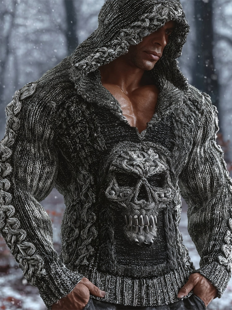 Viking Gothic Skull Art Men's Chunky Knit Hooded Sweater artswardrobe