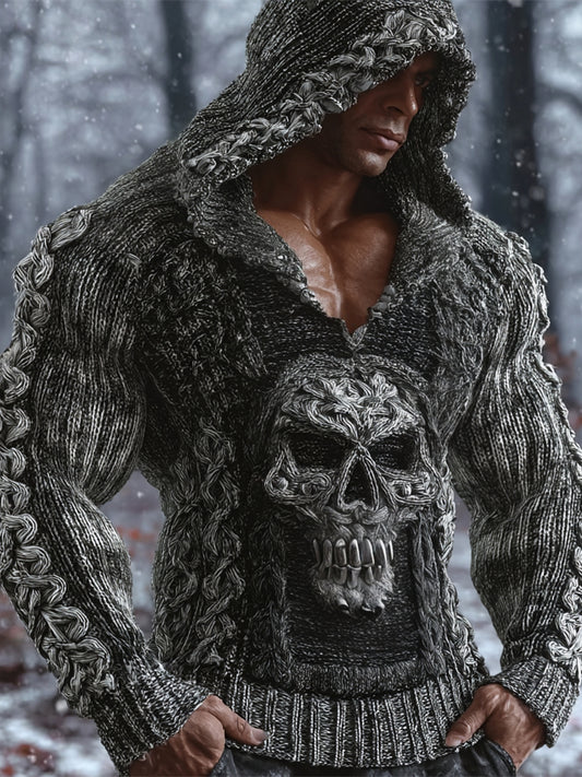 Viking Gothic Skull Art Men's Chunky Knit Hooded Sweater artswardrobe