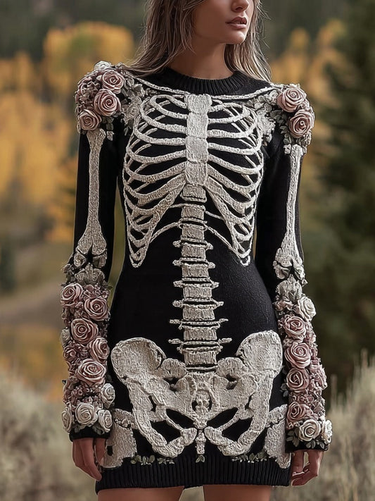 Vintage Skeleton Roses Embroidered Sweater Mini Dress artswardrobe