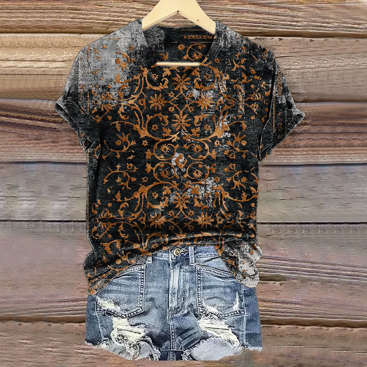 Women's Vintage Ethnic Floral Art Print V-neck Casual T-Shirt