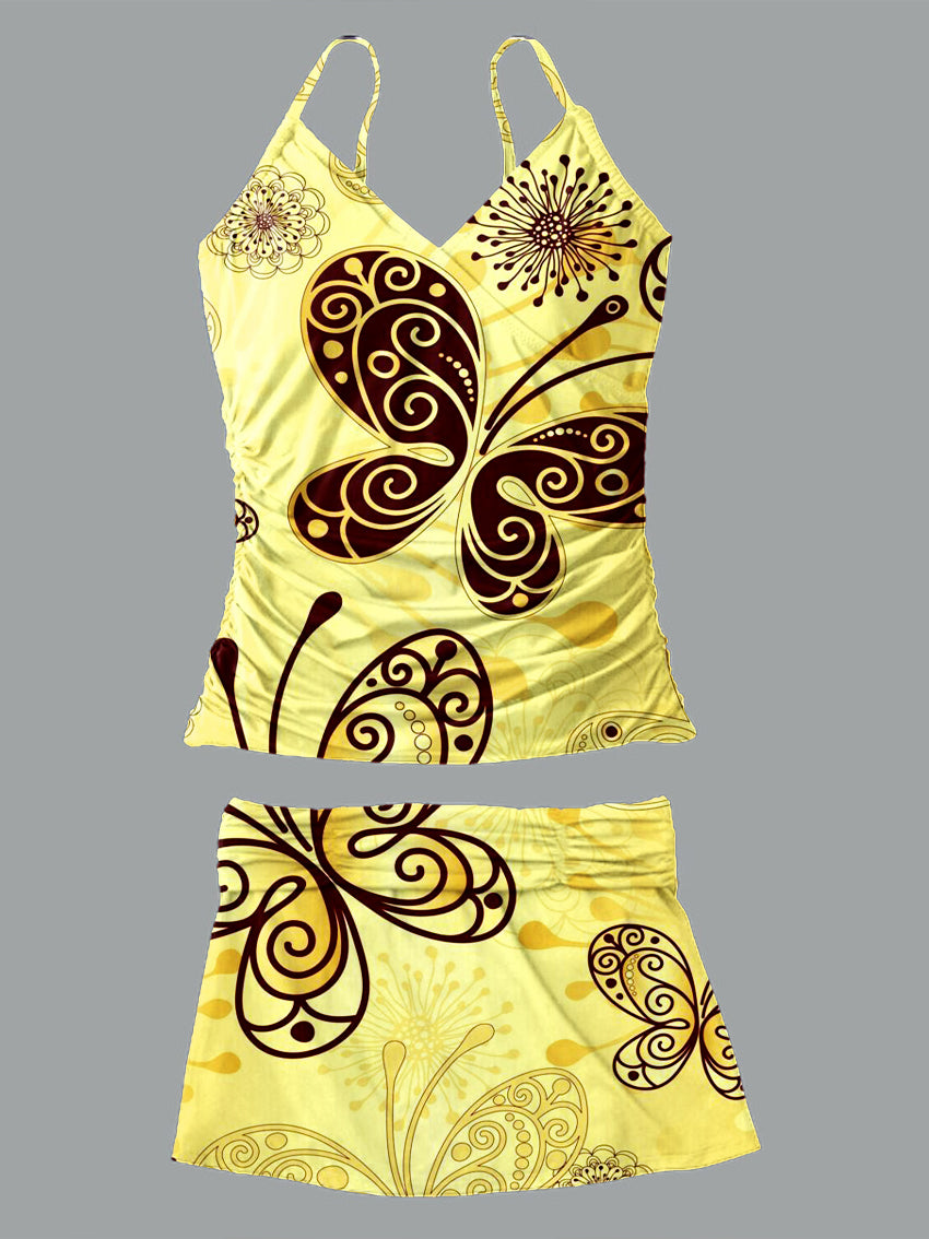 V-Neck Vintage Flowers Print Suspender Skirt Tankini Pantskirt Set Swimsuit